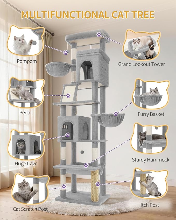 Hzuaneri Tall Cat Tree 84 Inch, Indoor Large Multi-Level Cat Tower | Cat Condo Furniture with 5 Scratching Post, 2 Hanging Basket, 2 Condo, 2 Large Platform, Pet Play House, Light Grey MS21318LG