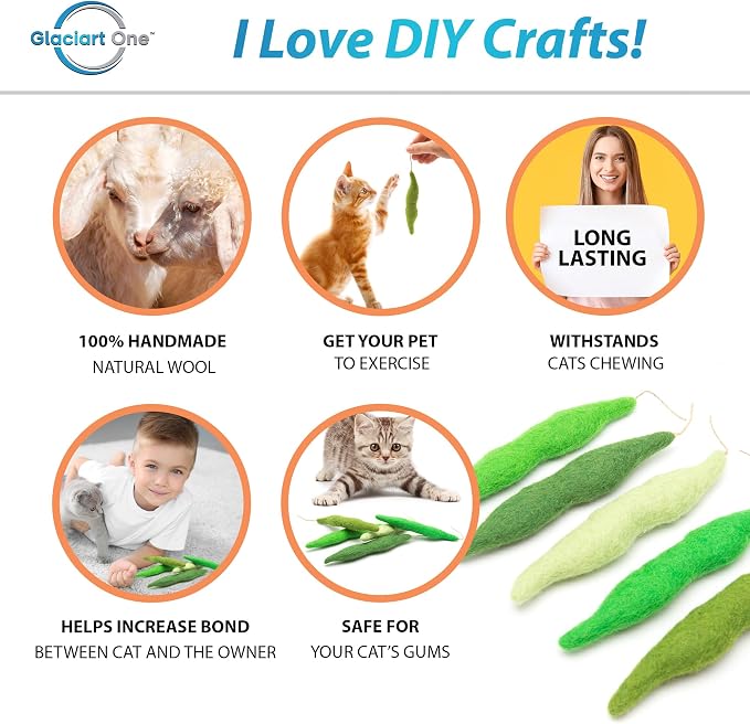 Glaciart One Green Beans Cat Toy – 5 Pcs | Soft Fuzzy Enrichment 100% Natural Wool - Interactive Catnip Play Cat Toy Set - Safe for Pets, Non-AZO Colored Dyes