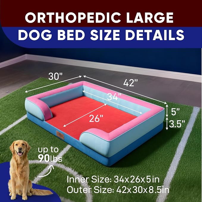 Comfort Expression Orthopedic Dog Bed for Extra Large Dogs with Bolster | Waterproof Dog Couch Bed with Washable Cover & Non-Slip Bottom, Supportive Egg Crate Foam XL Pet Bed, 42x30 Inch