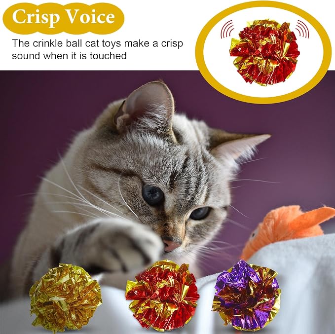 Jexine 104 Pcs Cat Crinkle Ball Bulk Cat Toys 1.69'' Polyester Film Kitten Balls Interactive Lightweight Colorful Kitten Crinkle Balls Soft Crinkle Pet Toys for Keeping Fit and Exercise Indoor