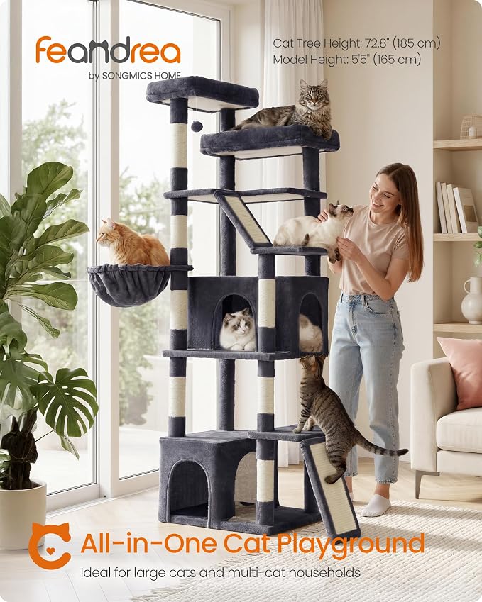 Feandrea 72.6-Inch Tall Cat Tree Tower for Indoor Extra Large Cats, Scratching Posts, Scratching Boards, Multi-Level Design, Dark Gray UPCT014G201S