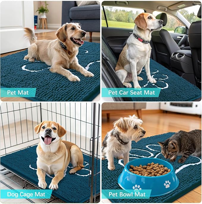 OLANLY Dog Door Mat for Muddy Paws 35x24, Paw Print Design Chenille Mud Mat | Atlantic Blue, Absorbent, Traps Moisture and Dirt, Non-Slip Washable Doormat, Quick-Dry Indoor Entryway Floor Carpet for Dogs