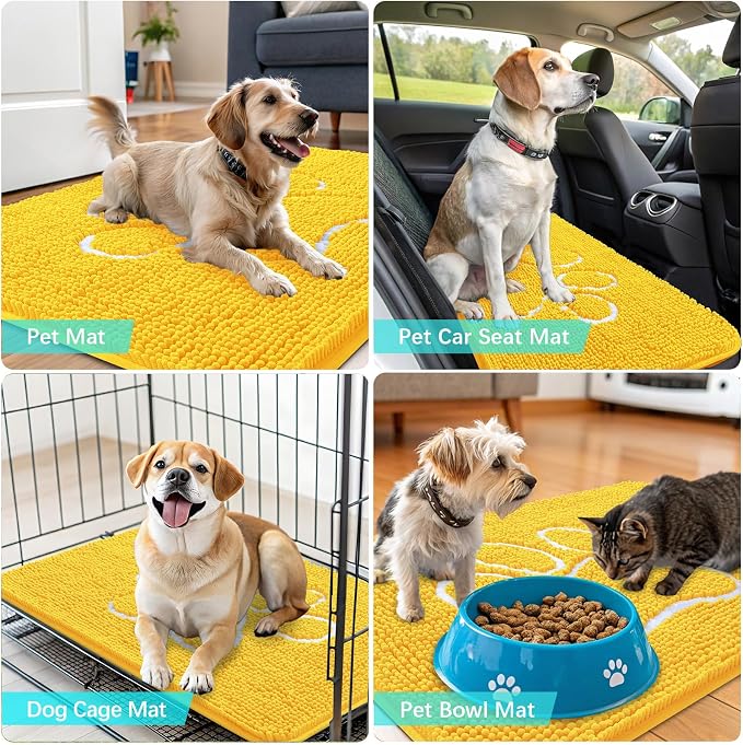 OLANLY Dog Door Mat for Muddy Paws 48x30, Paw Print Design Chenille Mud Mat | Yellow, Absorbent, Traps Moisture and Dirt, Non-Slip Washable Doormat, Quick-Drying Indoor Entryway Floor Carpet for Dogs