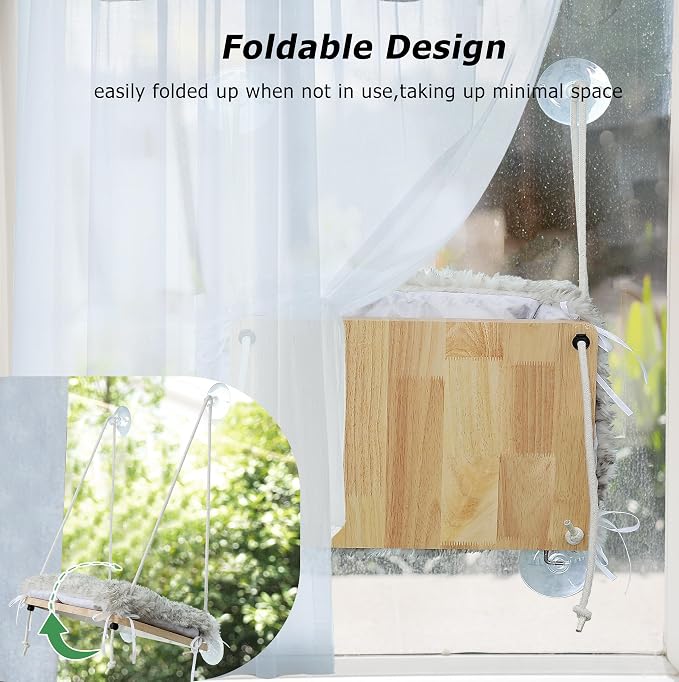 Foldable Cat Window Perch, Soft Window Bed for Overlooking, Sunbathing and Climbing,Stable Cat Seat Mounted with Strong Suction Cups- Maximum Hold Up to 40lbs(Light Grey)