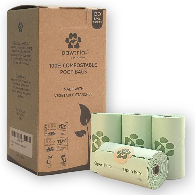 Pawtria Certified Home Compostable Dog Poop Bag Rolls (120) | Poop Bags for Dogs, Cat Litter, Vegetable Starches, Dog Waste Bags, Leakproof, Easy to Open, Give Back