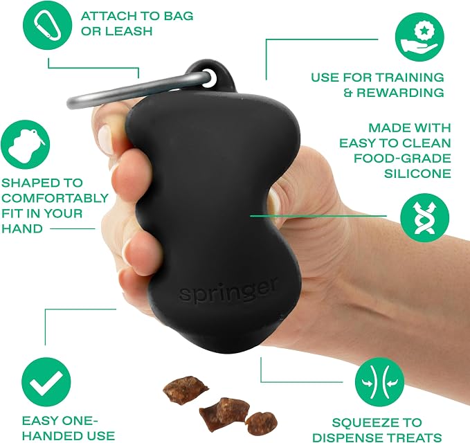 Springer Springland Dog Treat Pouch for Effort-Free Squeeze Dispensing - Easy-Fill, Food-Grade Silicone Treat Pouches for Pet Training - Includes Carabiner-Black