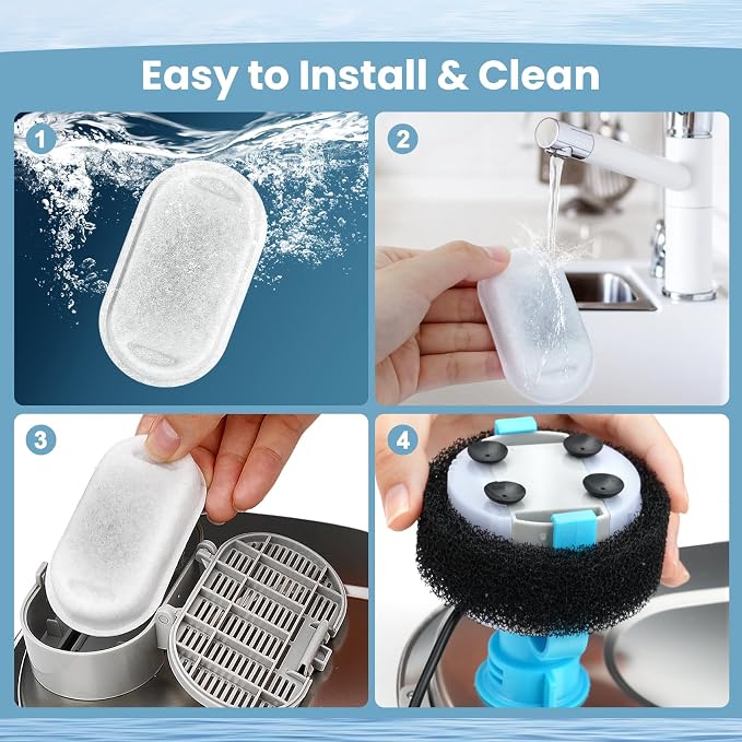 Cat Water Fountain Filter Replacement, 12 Pcs Cat Filters Pet Water Fountain Filter with 12 Pcs Sponges Foam for 67oz/2L & 108oz/3.2L Stainless Steel Automatic Cats Water Fountain Dispenser Filters