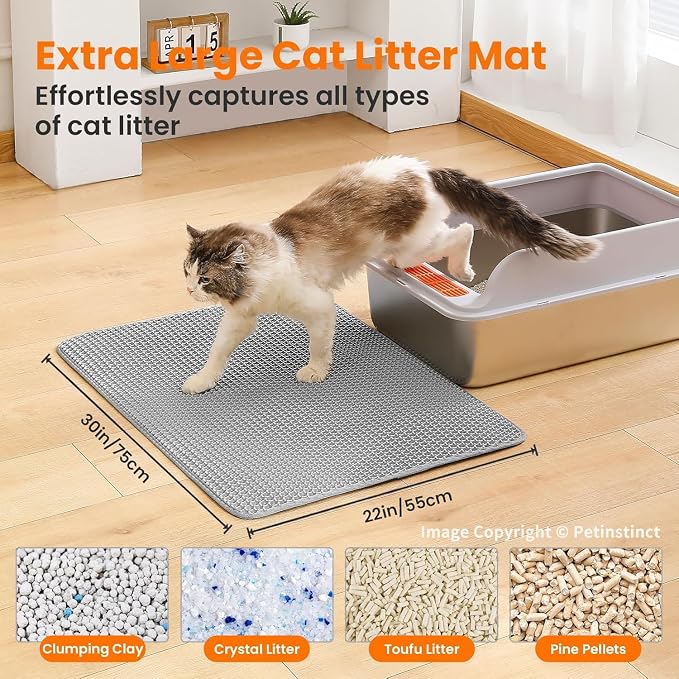 Extra Large Cat Litter Mat, Double Layer Honeycomb Design, Gray | 30x22”, Reduces Litter Tracking, Easy to Clean, Waterproof, Non-Slip, Soft on Paws, Scratch Resistant, Gray, XL
