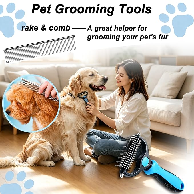 2-In-1 Pet Grooming Brush, Dog Brush for Shedding with Bonus Metal Comb | Rounded-Tooth Comb Double Sided Brush with Varied Spaced Teeth for Efficient Removing Knots and Loose Hair