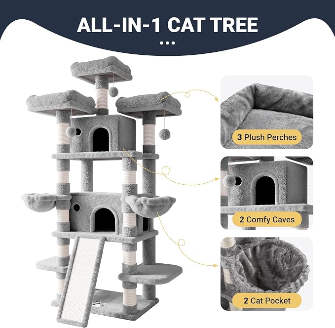 Allewie 82 Inches Large Cat Tree/House/XXL Tall Cat Towers for Big Feline/Scratching Post/Multi-Level Large Kitty Climbing Tree with Condo/Light Grey