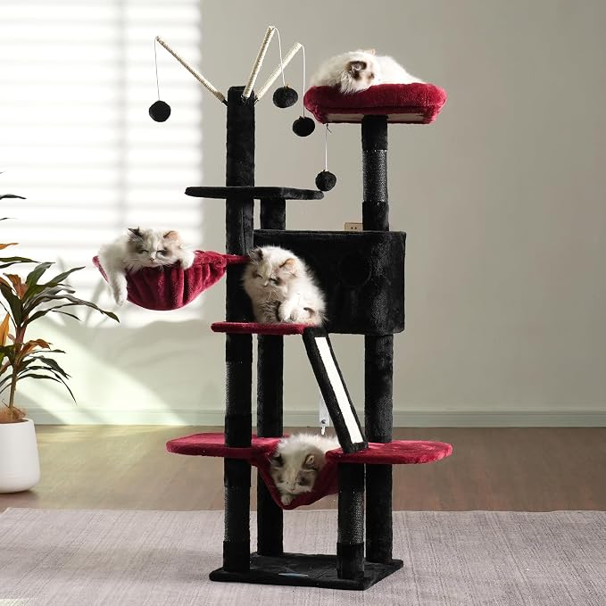 Hey-brother Cat Tree Tower with Padded Platform Bed, Hammock, MPJ019-SBR | 53 Inches Cat House with Large Cozy Condo, Toy Balls and Sisal Scratching Posts for Indoor Multi-Cats, Black and Red