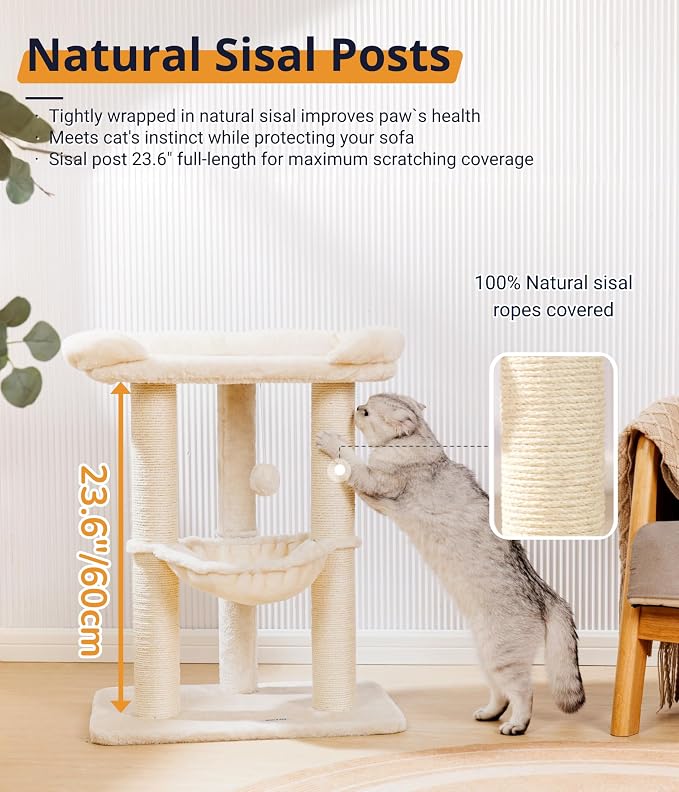 Happi N Pets 28" Cat Tree, Large Bed for Big Cats, Small Cat Tower with Soft Perch for Window Viewing, Stable Cat Tree Tower, Cat Scratching Post with Hammock, Removable Cover-Beige