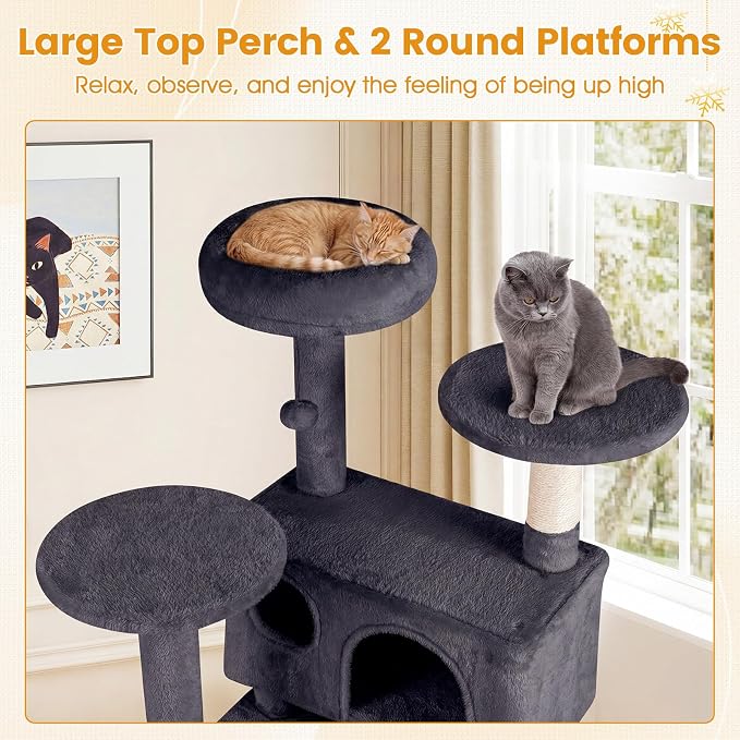 52-inch Cat Tree, Multi-Level Cat Tower with Sisal Scratching Posts, 2 Comfy Condos, Plush Padded Soft Top Perch, Dangling Balls, and Climbing Ladder, Ideal for Indoor Cats (Dark Grey)