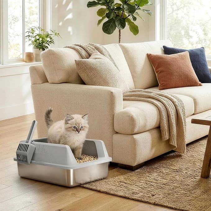 Lifewit Small Stainless Steel Cat Litter Box, Metal Kitty Litter Tray with Non-Slip Pads, Anti-Leakage Top Entry and High Sided, Grey