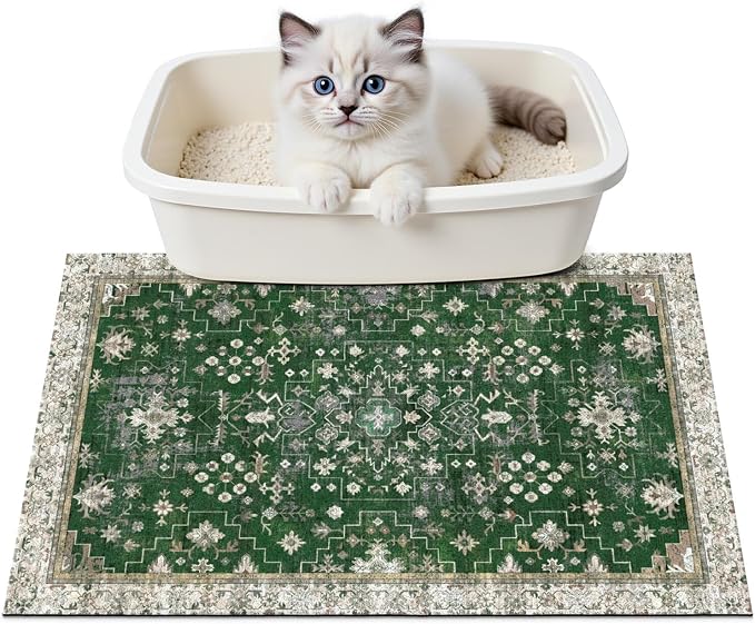 Cat Litter Mat Litter Trapping Mat, 24"x15" Waterproof Urine Proof Litter Box Mat Catcher Mat Non-Slip Washable for Kitty Kitten, Green