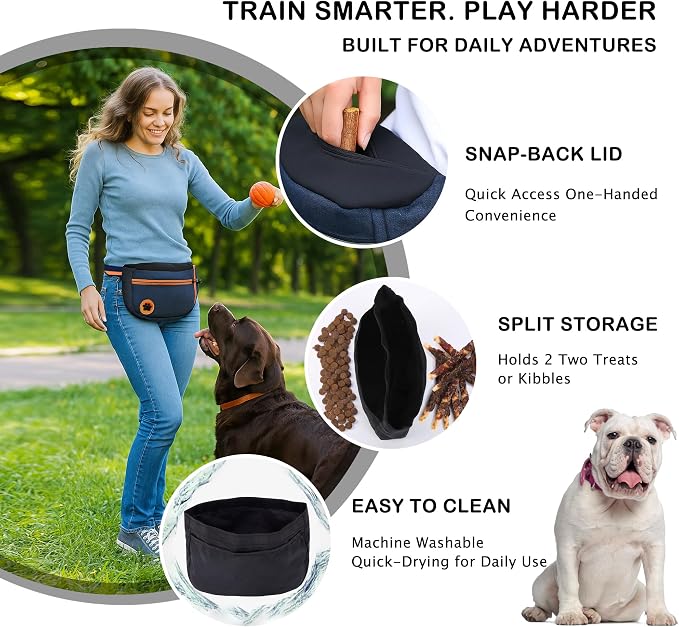 Dog Treat Pouch Bag for Training, Puppy Training Kit with 5 Double-Sided Obedience Cards, Clicker & Whistle, Dual Removable Liners, Large U-Shaped Opening, Waist Clip Treat Bag for Dog Walking