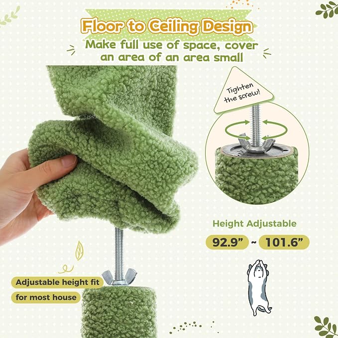 PEQULTI Floor to Ceiling Cat Tree, 92.9-101.6in Adjustable Cat Tower, Green | Adjustable tower braces floor to ceiling; cozy condo, large hammock, perches & 9 sisal posts on fan base with anti-tip strap