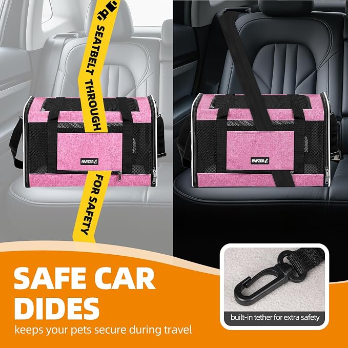 Cat Carrier Soft-Sided Travel Bag for Medium to Large Cats Over 15lbs, Small Dog Carrier Crate Top Entry Breathable Mesh Puppy 12 Pounds, Pet Rabbit Carrying Cage Kennel Collapsible Pink