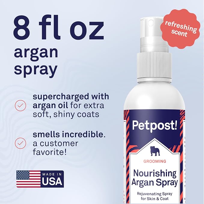 Petpost | Waterless Argan Oil Dog Shampoo Spray. Rinse-Free Cleaner & Deodorizer with Aloe & Safflower Oil. Moisturizes Skin & Softens Coat. 8 oz