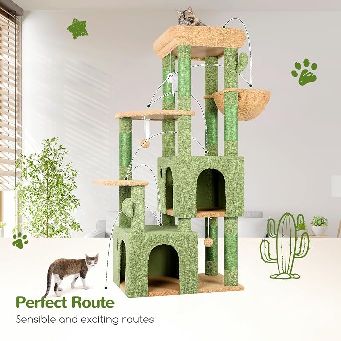 Globlazer Heavy Duty Cactus Cat Trees for Big Cats Maine Coon, F61, Green | Cat Tower for Indoor Large Adult Cats with Scratching Post, Extra Large Top Perch, Cat Condos, 61inch