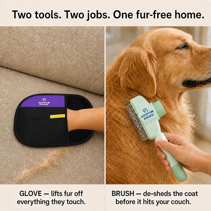 Pet Hair Remover Glove for Dogs & Cats, Self-Cleaning Deshedding Brush Kit | 2-in-1: deshedding brush grooms your pet; electrostatic glove lifts pet hair from cloth couches, car seats & clothing