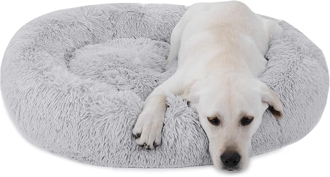 Donut Dog Bed Calming Ultra Soft Shag Faux Fur Dog Bed Comfortable Donut Cuddler for Dogs and Cats,Self Warming and Washable (30 Inches, Grey)