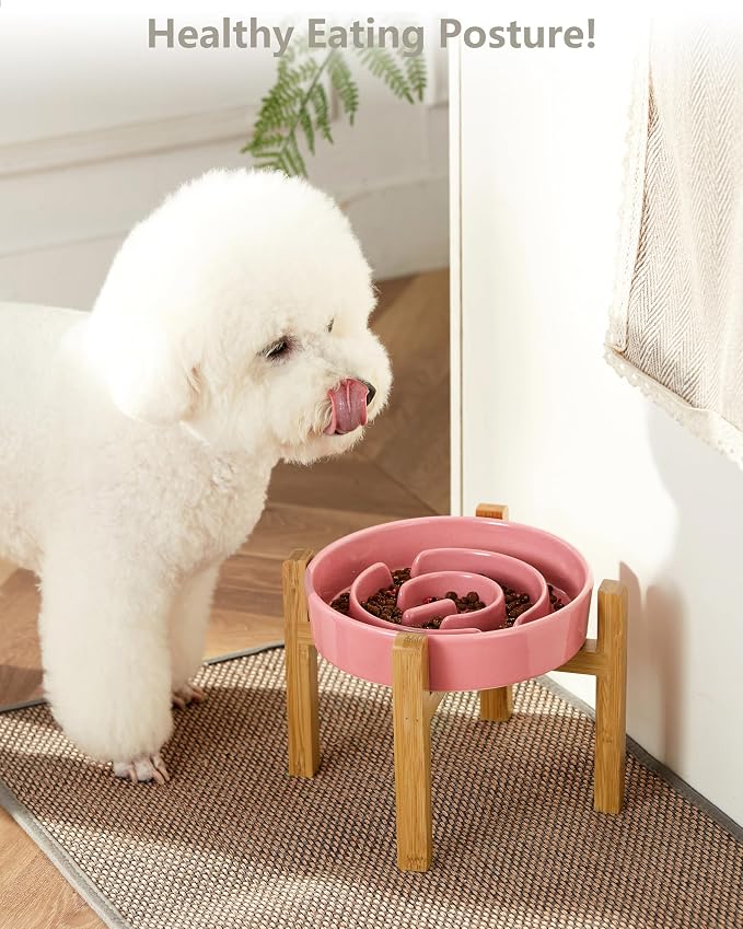 Ceramic Slow Feeder Dog Bowls Elevated, 2.0 Cups Slow Feeder for Medium Dogs, Puzzle Maze Bowl to Slow Down Eating, 30oz, 8in, Pink