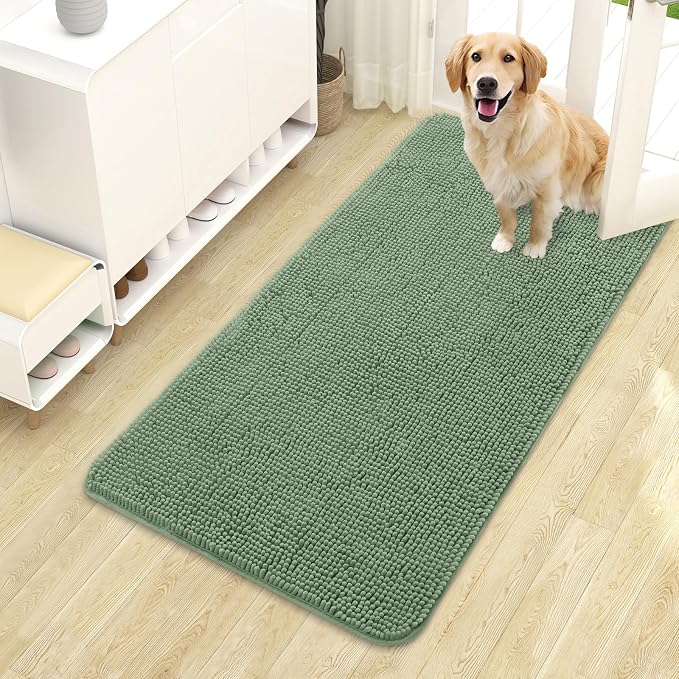 OLANLY Dog Door Mat for Muddy Paws 44x24, Super Absorbent Chenille Mud Mat | Olive Green, Absorbs Moisture and Dirt, Non-Slip Machine Washable Doormat, Quick-Drying Indoor Entryway Floor Carpet for Dogs
