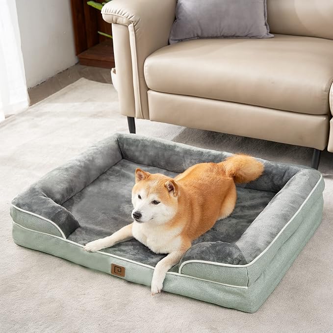 EHEYCIGA Orthopedic Dog Beds Large Sized Dog, Waterproof Washable Pet Bed | Non-Slip Bottom and Egg-Crate Memory Foam XL Dog Couch Bed with Washable Removable Cover, Greyish Green
