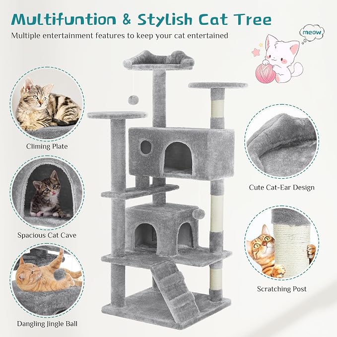 DUMOS 54 Inch Cat Tree Tower with Scratching Posts | Indoor Multi-Level Pet House for Large Cats with 2 Condos, Round Platform, Small Ladder and Toys, Light Grey