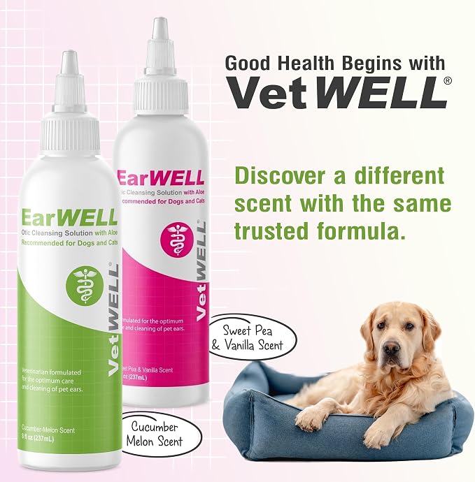 VetWELL Ear Cleaner for Dogs and Cats - Sweet Pea Vanilla - 8 oz | Otic Ear Solution for Pets to Help Manage Odor and Reduce Wax Build Up