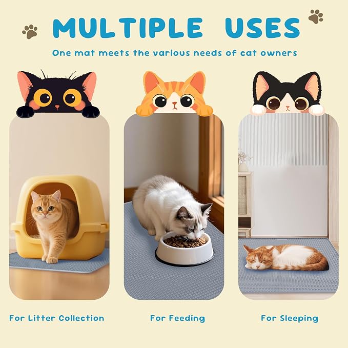 Cat Litter Mat, Silicone Litter Trapping Mat - Removal/Waterproof/Urine Proof, Cat Massage Mat (24" X 18"), Litter Box Mat - Keep the Floor Clean Grey