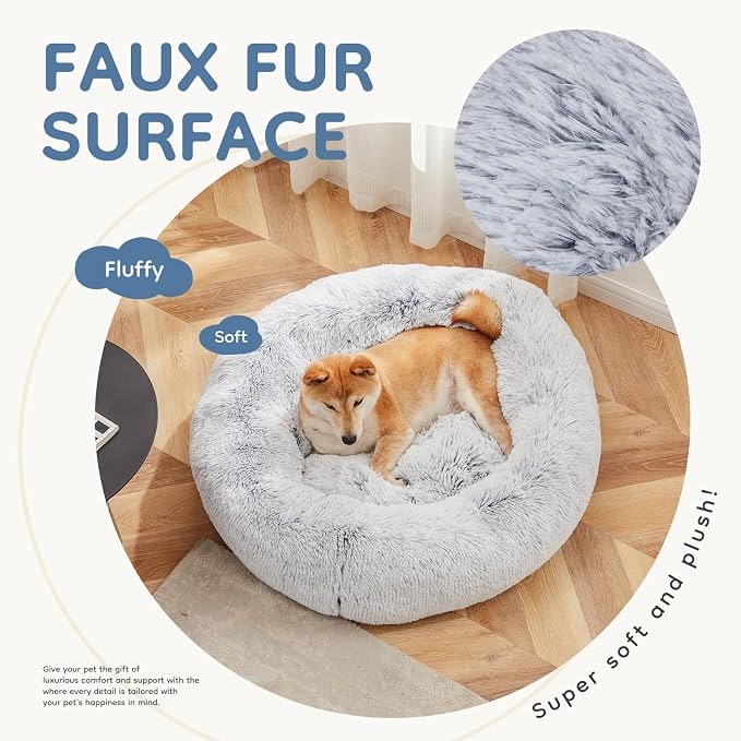DUMOS Donut Dog Beds for Large Dogs, Machine Washable Cuddler Warming Cozy Fluffy Faux Fur Plush Round Pet Bed, Anti-Slip Bed for Indoor Dogs and Cats, 30.7x30.7 Inch, Grey