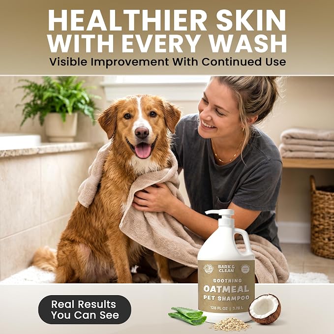 Oatmeal Dog Shampoo for Itchy Dry Skin, 1 Gallon with Pump - Hypoallergenic Anti-Itch Allergy & Sensitive Relief, Smelly Dogs, Aloe Vera Coconut Oil, Sulfate and Paraben Free, Made in USA Bark & Clean