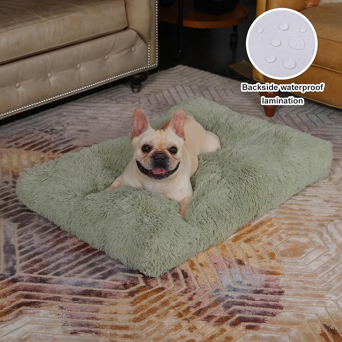 Bedfolks Waterproof Dog Crate Bed, Plush Dog Pad, 29"x21", Sage Green | Faux Fur Plush Cover, Zippered Removable Washable Outer, Waterproof Inner Lining, Non-Slip Base, Crate Pad and Dog Pillow