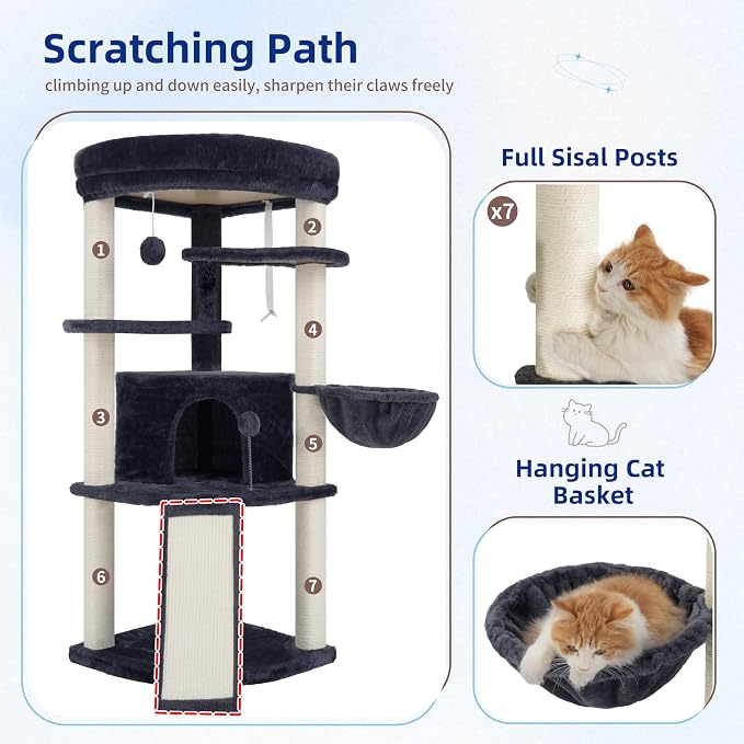 Corner Cat Tree Tower with All Sisal Scratching Posts GCT025G | 44.1" Cat Furniture with Multi-level Cat Condo, Cat Cave, Hanging Basket, Sisal Scratching Ramp for Indoor Cats, Drak Gray