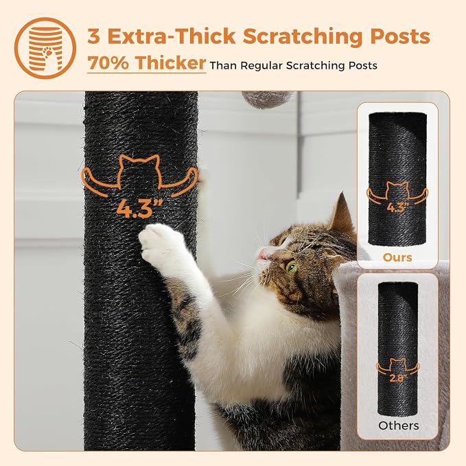 Cat Tree for Indoor Cats Adult, 45-Inch Heavy Duty Cat Tower with Sisal Scratching Ramp, 2 Cat Condo for Extra Large Cats, Big Top Perch, 3 Thick Black Scratching Posts (φ4.3) -Gray