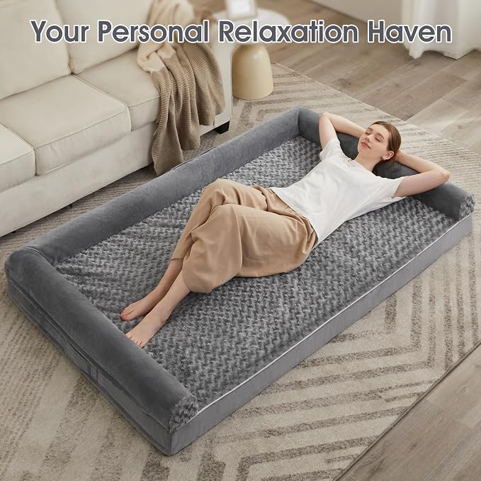BFPETHOME Orthopedic Washable Human Dog Bed for Adult & Dog Cozy Sleep | Human Size Waterproof Big Soft Pet Couch Bed for Adult & Dogs Relax with Removable Cover Supportive Foam Grey 71x46 Inch