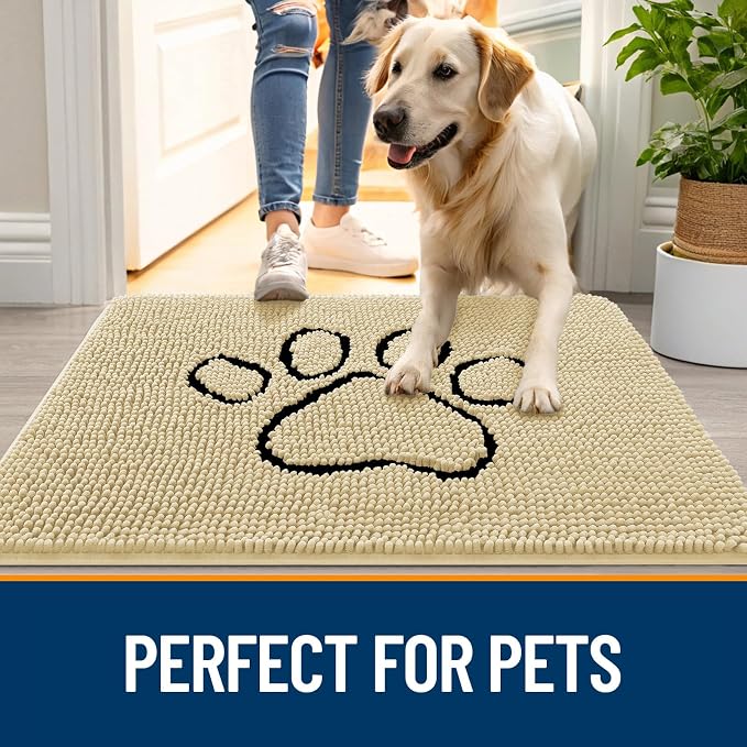 OLANLY Dog Door Mat for Muddy Paws 48x30, Paw Print Design Chenille Mud Mat | Sand, Super Absorbent, Traps Moisture and Dirt, Non-Slip Washable Doormat, Quick-Drying Indoor Entryway Floor Carpet for Dogs