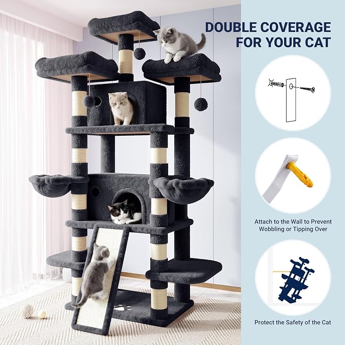 Allewie 82 Inches Large Cat Tree/House/XXL Tall Cat Towers for Big Feline/Scratching Post/Multi-Level Large Kitty Climbing Tree with Condo/Smokey Grey