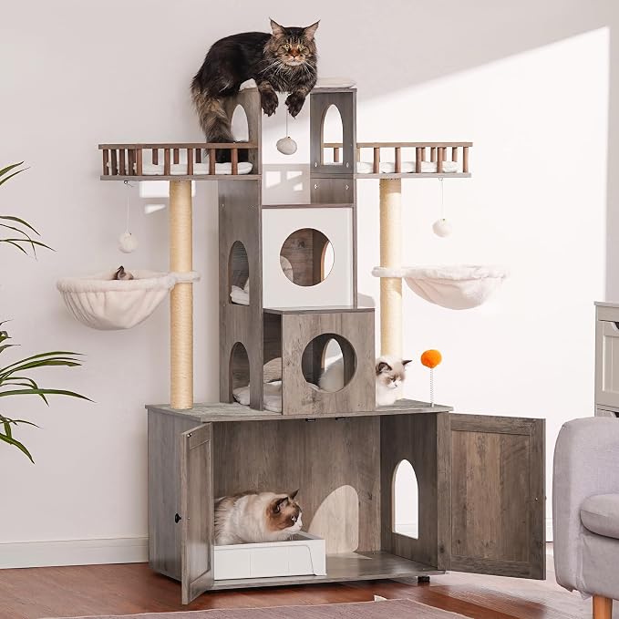 Heybly Cat Tree with Litter Box Enclosure for Indoor Big Cat HCT110SG | Cat Tower for Large Cats 20 lbs Heavy Duty, Modern Cat Condo Furniture with Scratching Posts, Rustic Gray