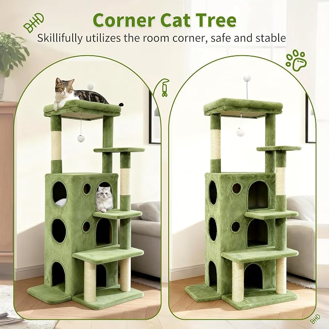 48" Cat Tree Tower for Indoor Cats, Multi-Level Cat House for Large Cats with 3 Cozy Cat Condos, Extra Large Top Perch, Sisal Scratching Posts & Climbing Steps, Green