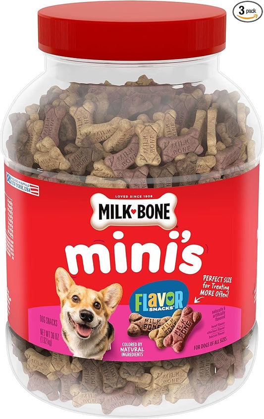 Milk-Bone Mini's Flavor Snacks Dog Treats Bundle: 36 Ounce Canister + 2 Refill Packs