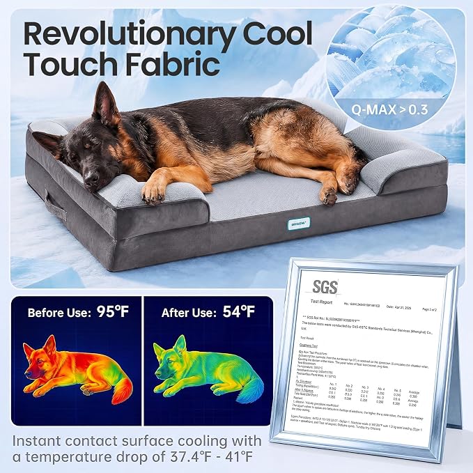 OhGeni Orthopedic Cooling Dog Bed Couch, Cooling Big Pet Sofa for Extra Large Sized Pets with Memory Foam, Machine-Washable Waterproof Removable Cover, Soft Comfortable Fabric, 44-inch (Cool Gray)