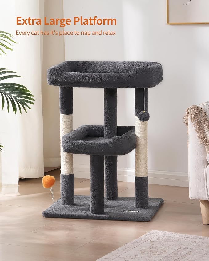 27.6-Inch Cat Tree, Cat Tower for Indoor Cats, Cat Condo for Large Cats, Small Cat Tree with Scratching Post, Toy Balls, for Kittens, 2 Soft Platform, Dark Gray