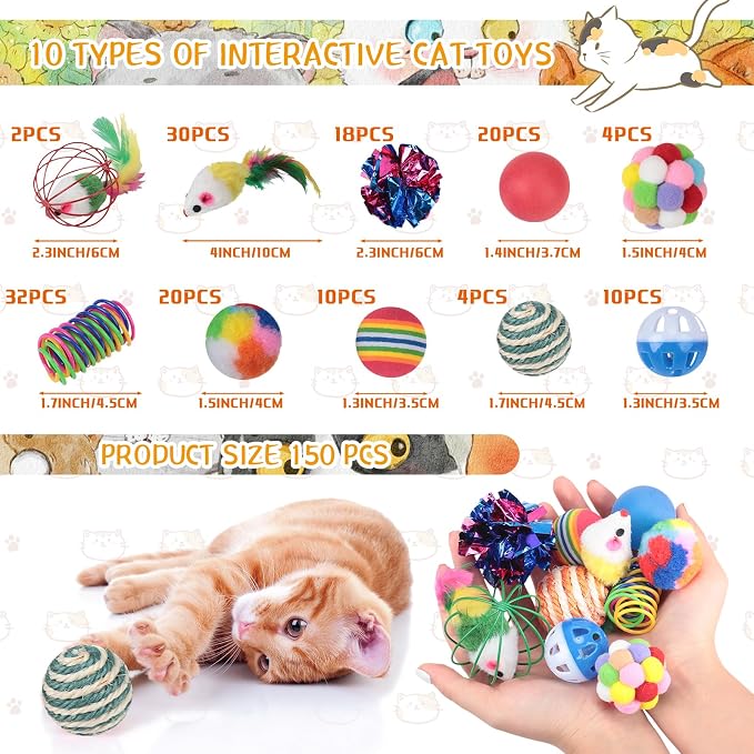 Shappy 150 Pcs Cat Toys for Indoor Cats Bulk, Kitten Toys Pack, Variety Interactive Gift Including Mice Rainbow Balls Spring Crinkle Balls Gift for Kitty Kitten Cat(Classic)