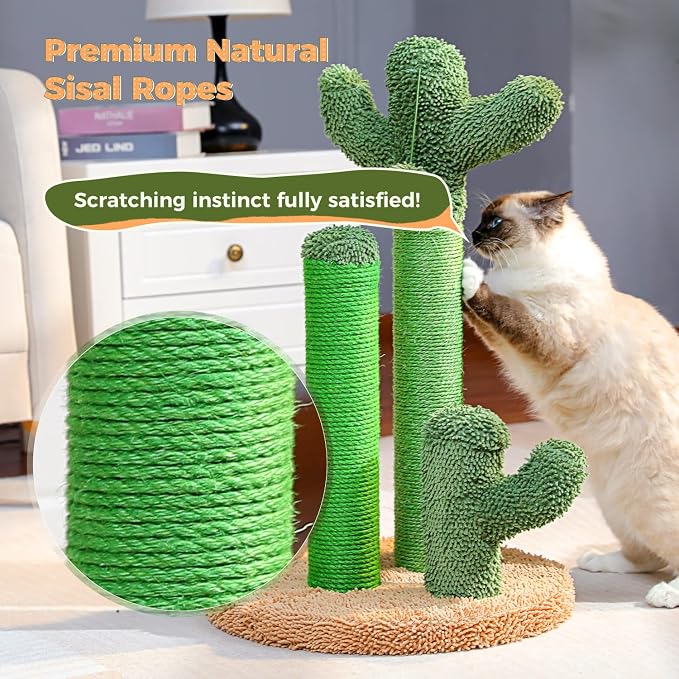 PAWZ Road Cactus Cat Scratching Post 23”Cat Scratcher with Toy Ball | Cactus Cat tree with 3 Sisal & Carpet Scratching Posts, Soft Carpet Base & Top, Interactive Ball for Indoor Cats