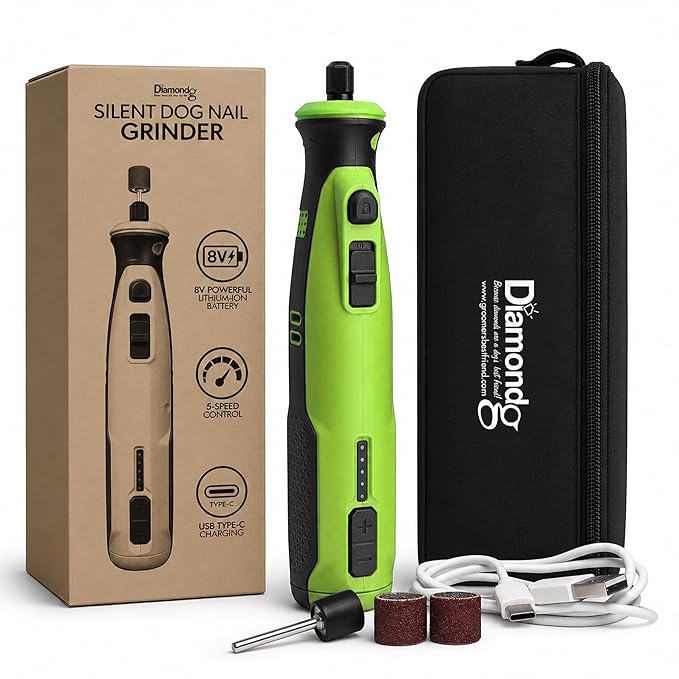 Diamondg Cordless Dog Nail Grinder - Quiet Sound with LED Light, Green | 5-Speed Rechargeable Pet Nail Trimmer for Small & Large Dogs, USB-C Charging, 4hrs. Runtime, Painless Dog Nail Grinding Kit