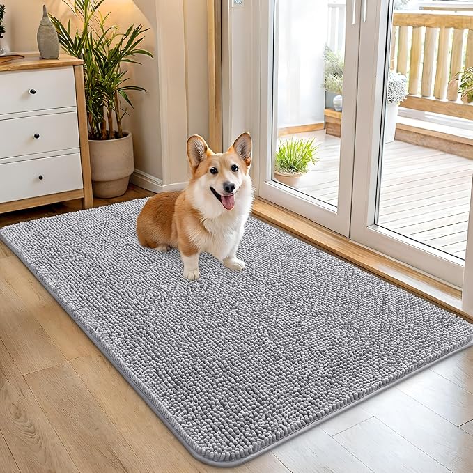 OLANLY Dog Door Mat for Muddy Paws 45x27, Super Absorbent Chenille Mud Mat | Light Grey, Absorbs Moisture and Dirt, Non-Slip Machine Washable Doormat, Quick-Drying Indoor Entryway Floor Carpet for Dogs