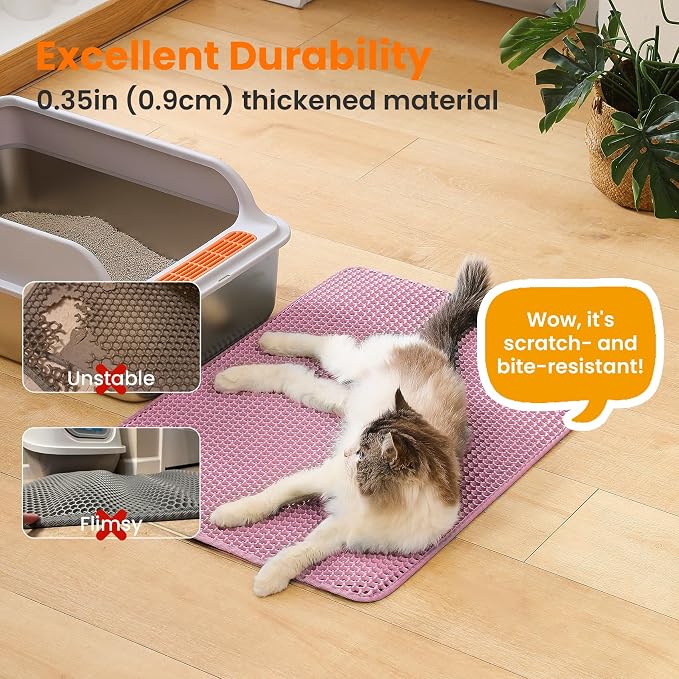 Extra Large Cat Litter Mat, Double Layer Honeycomb Design, Pink | 30x22”, Reduces Litter Tracking, Easy to Clean, Waterproof, Non-Slip, Soft on Paws, Scratch Resistant, Pink, XL